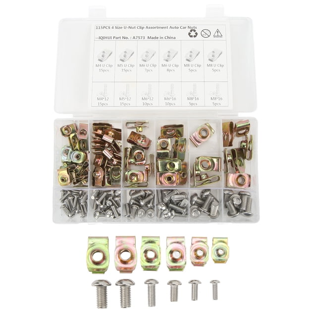 Kit de 115 clips para tuercas en U, 4 tamaños, M4, M5, M6 y M8, surtido de tornillos galvanizados de colores para coche y motocicleta.