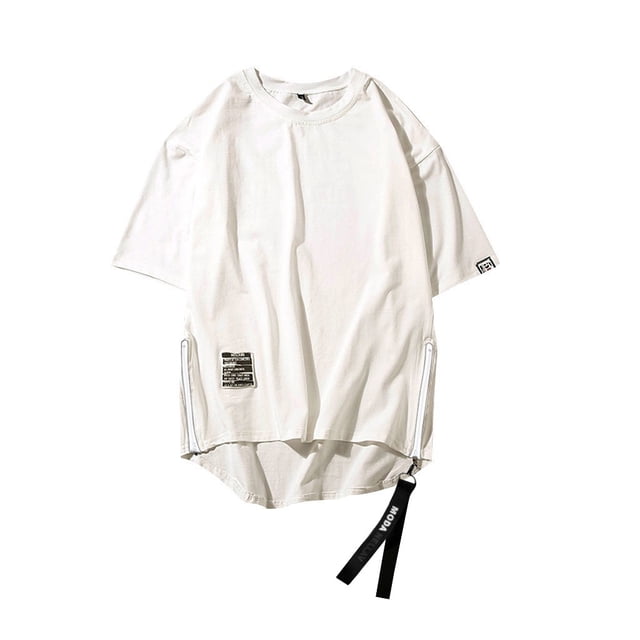 T-shirt à Manches Courtes pour Hommes, Style Hip-Hop d'Été, Col Rond, Patchwork, Fermeture Éclair Latérale