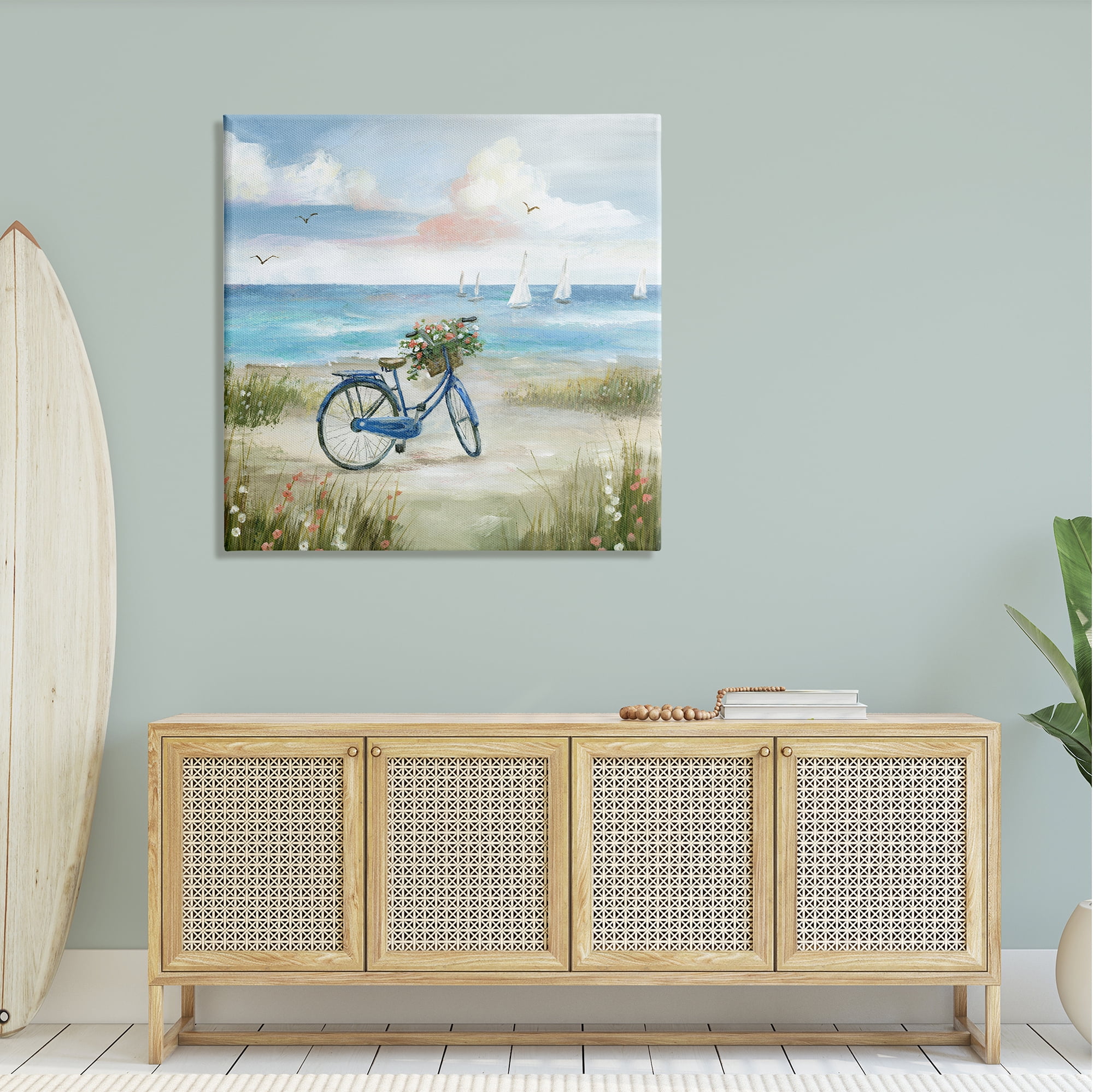 Stupell Industries Peaceful Bicycle Flower Basket Scenic Ocean Sailboats Painting Gallery Wrapped Canvas Print Wall Art, Design by Nan