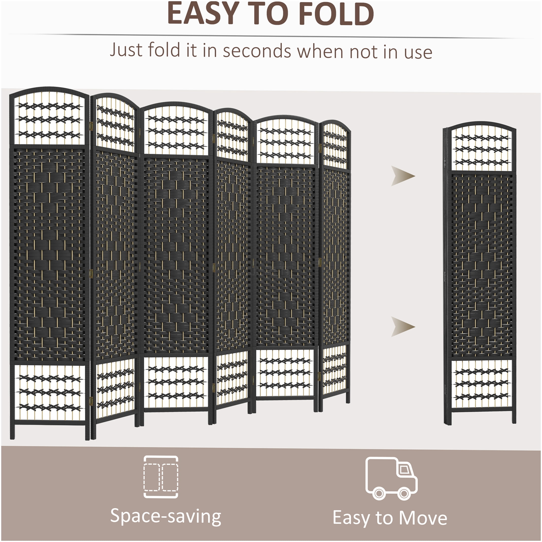 JERFIT 6-Panel Folding Privacy Screen Room Divider, Freestanding Partition Wall with Hand-Woven Wave Design for Home Office, Bedroom, Living Space in Black