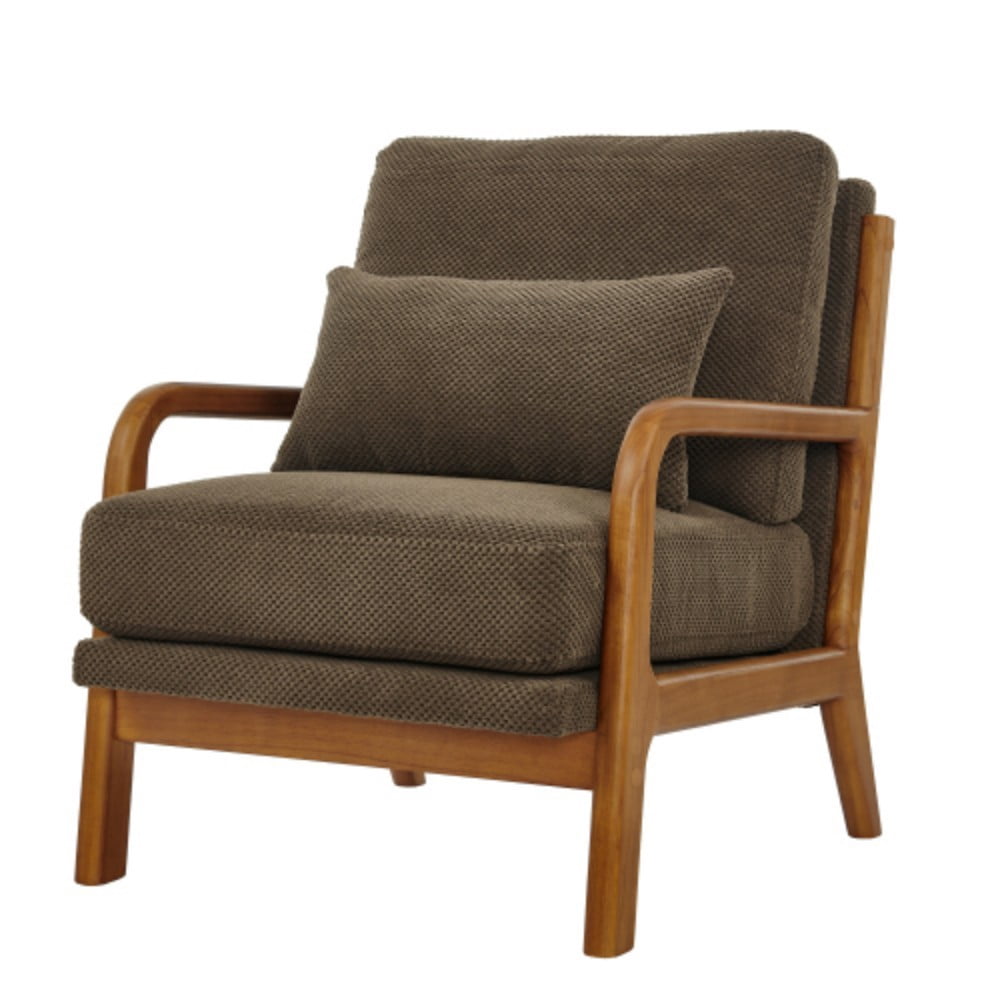 Wooden Lounge Chair, Modern Upholstered Accent Chair with Solid Wood Armrests, High-Density Foam Cushion, Reclined Backrest for Living Room, Bedroom & Office, Coffee