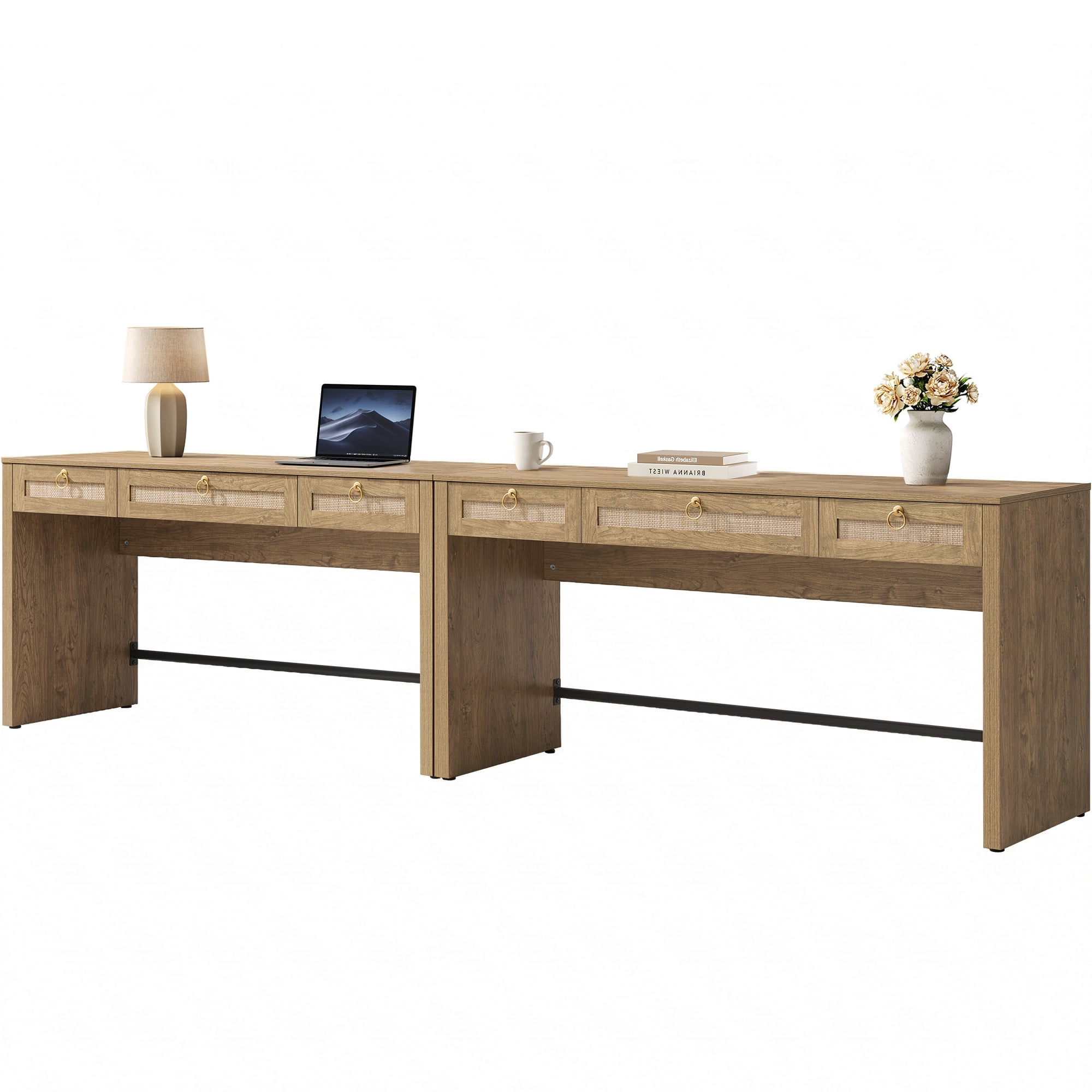 SICOTAS 59.05" W Home Office Computer Desk with Ample Storage Set of 2，Boho Writing Desk with 3 Spacious Drawers & Unique Rattan Decor, Farmhouse Coastal Classic Style, Cherry Oak,