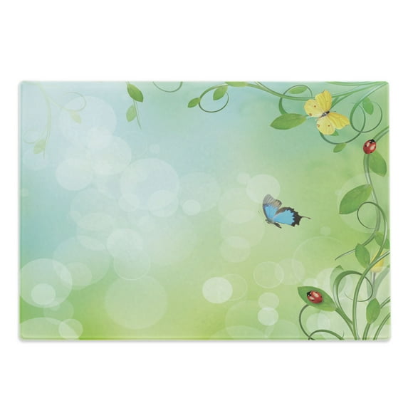 Ladybugs Cutting Board, Spring Theme Flowers Bug and Butterflies Transformation Morph Print, Decorative Tempered Glass Cutting and Serving Board, Large Size, Pale Green, by Ambesonne