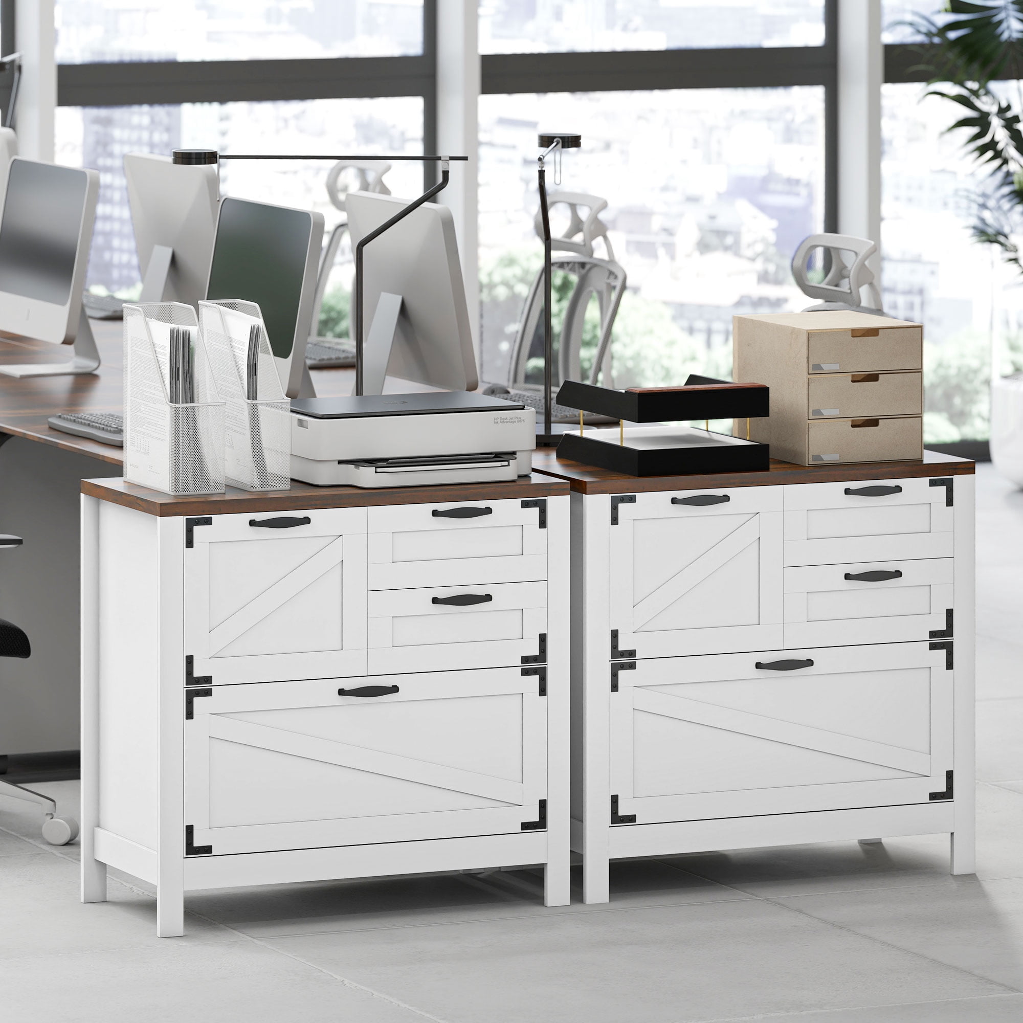 HOMCOM 4 Drawer File Cabinet, Farmhouse Lateral Filing Cabinet with Adjustable Hanging Rails for Letter/A4/Legal Size Files, Printer Stand, White