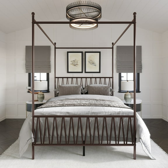 Home Design Dallas Full Metal Canopy Bed with Zigzag Headboard and Under-Bed Storage, Brown