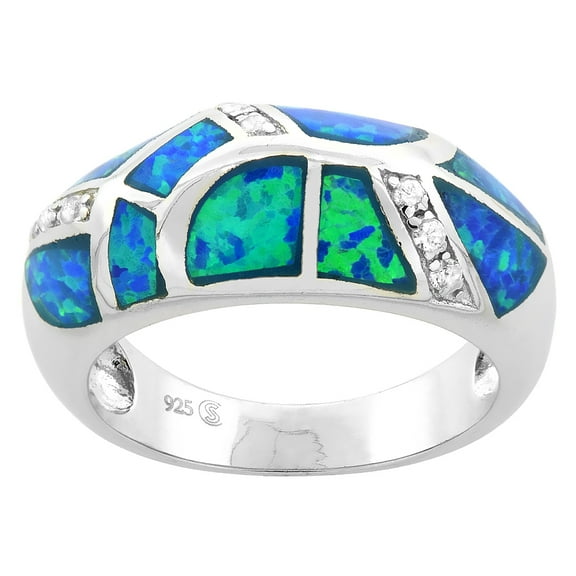925 Sterling Silver Synthetic Blue Opal CZ Accent Knife Edge Ring 10mm