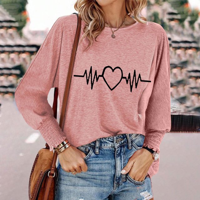 Women's Long Sleeved Electrocardiogram Printed Round Neck Top T-shirt