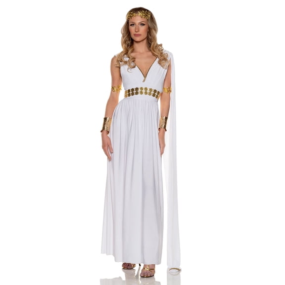Underwraps Women's Ancient Goddess Costume 2-piece Set, Full-length White Grecian Dress With Shoulder Drape, Gold Metal Belt (X-Large 14-16)