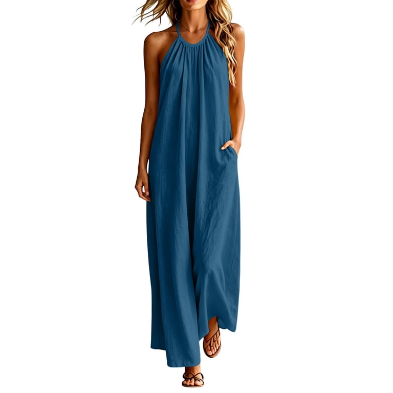 comfy beach dresses DEUUZHENQI Halter Neck Sundress for Women Beach Casual Cami Dresses Loose Fit Comfy Summer Long Dress 2026 Resort Wear, 2026 New Limited-time Off,