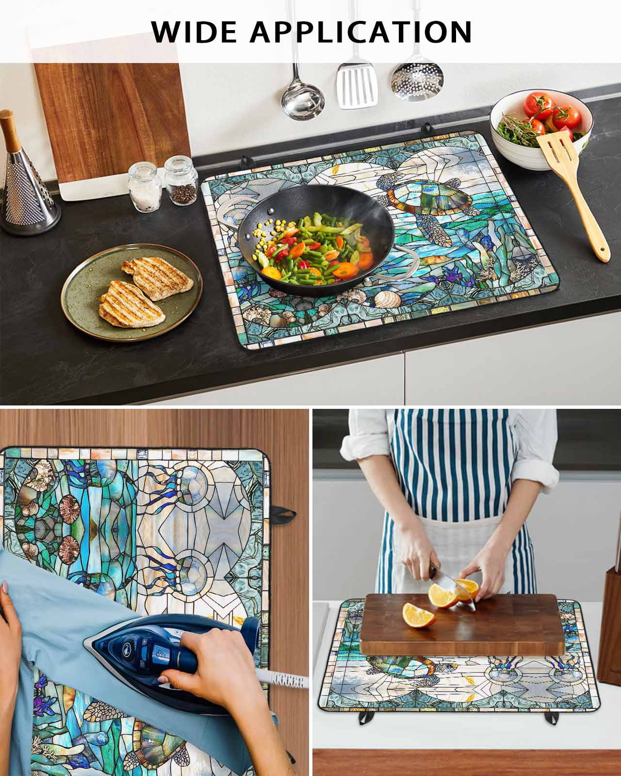 nqOlkjepod Large Induction Cooktop Protector Mat 36"x21", Stained Glass Sea Turtle Stove Top Covers for Electric Stove, Summer Coastal Ocean Jellyfish Stove Burner Cover Mats, Glass Top Stove Cover