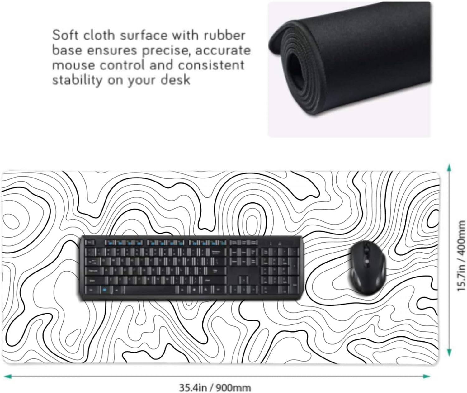 White Topographic Contour Gaming Mouse Pad 35.4 X 15.7 Inch XXL Geographic Map Lines Full Des Mousepad Extended Large Non-Slip Rubber Base Keyboard Mat with Stitched Edges for Home Office