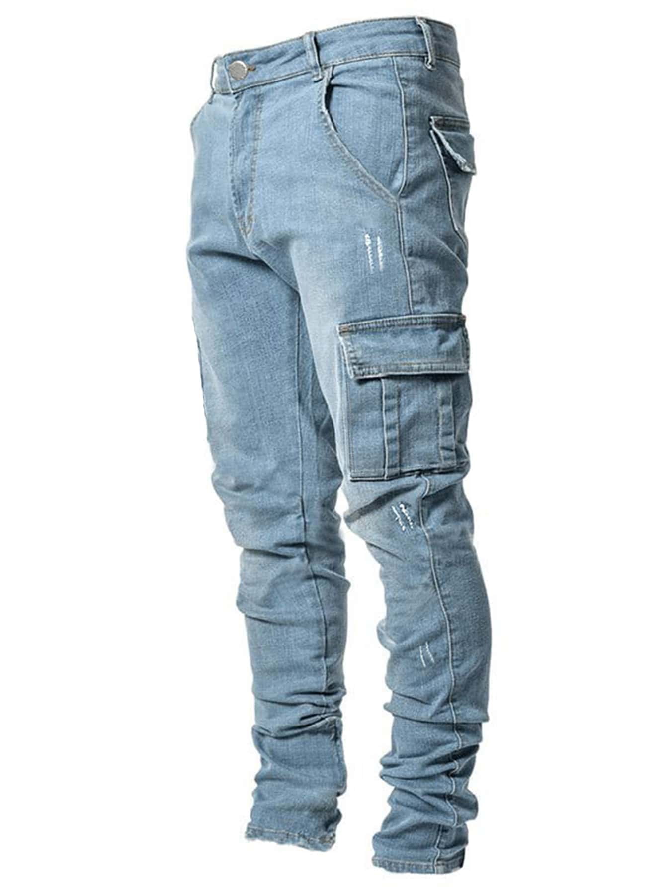 Men Flap Pocket Zipper Fly Jeans XL 