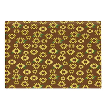 Sunflower Cutting Board, Cartoon Blossoms Lively Petals and Green Leaves Nature Gardening Plants, Decorative Tempered Glass Cutting and Serving Board, Large Size, Brown Yellow Green, by Ambesonne