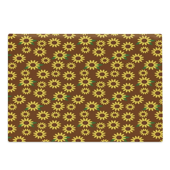 Sunflower Cutting Board, Cartoon Blossoms Lively Petals and Green Leaves Nature Gardening Plants, Decorative Tempered Glass Cutting and Serving Board, Large Size, Brown Yellow Green, by Ambesonne