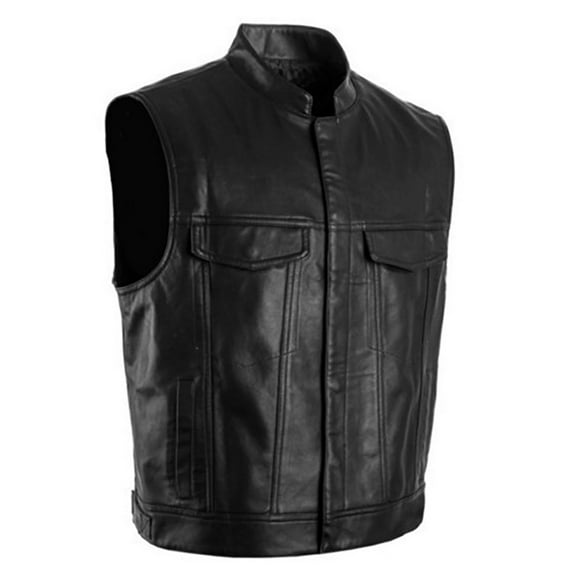 jovati Leather Motorcycle Vest Solid Color Vest Motorcycle Stand Up Collar Leather Vest Team Punk Vest