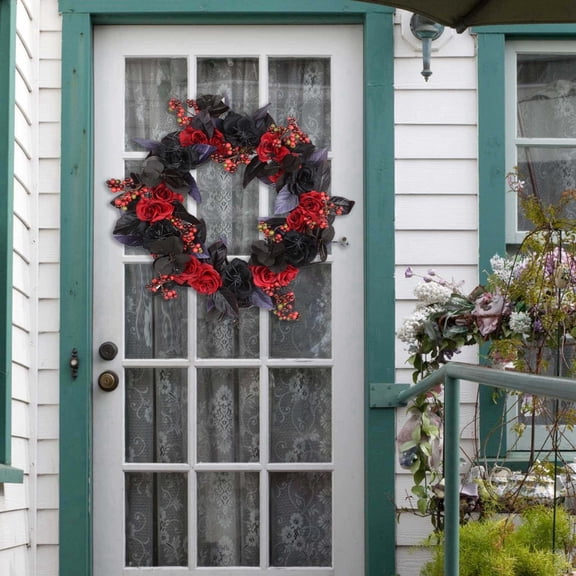 Halloween Wreath Gothic Decor with Black Red Roses,Eucalyptus Leaves-Artificial Fall Floral Wreath for Front Door,Porch,Wall, Window Indoor Outdoor Halloween Party Decoration-Spooky Home Decor