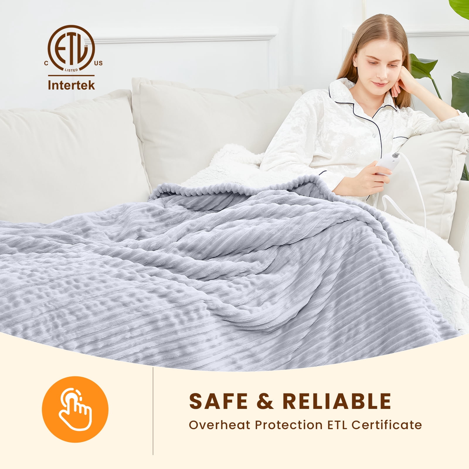 WISHEAD Electric Heated Throw Blanket with 5 Heat Levels & Auto Shut-off Flannel & Sherpa for Home Couch, Bed, Office Use, 50"x60", Light Gray