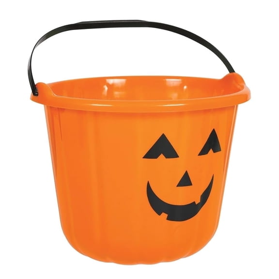 PMU 1 Pc Orange Halloween Plastic Pumpkin Bucket Jack O Lantern Treat Pail, Kids Container, Party Favor Holder, Halloween Party Supplies