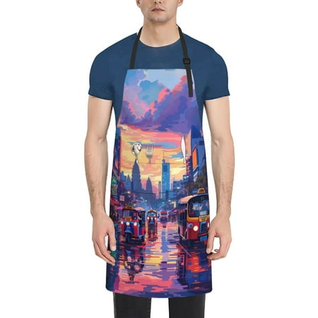 

Vsdgher Taxi Colorful Town Waterproof Apron with 2 Pockets Kitchen Chef Aprons Bibs for Grooming Cooking Baking Painting Gardening