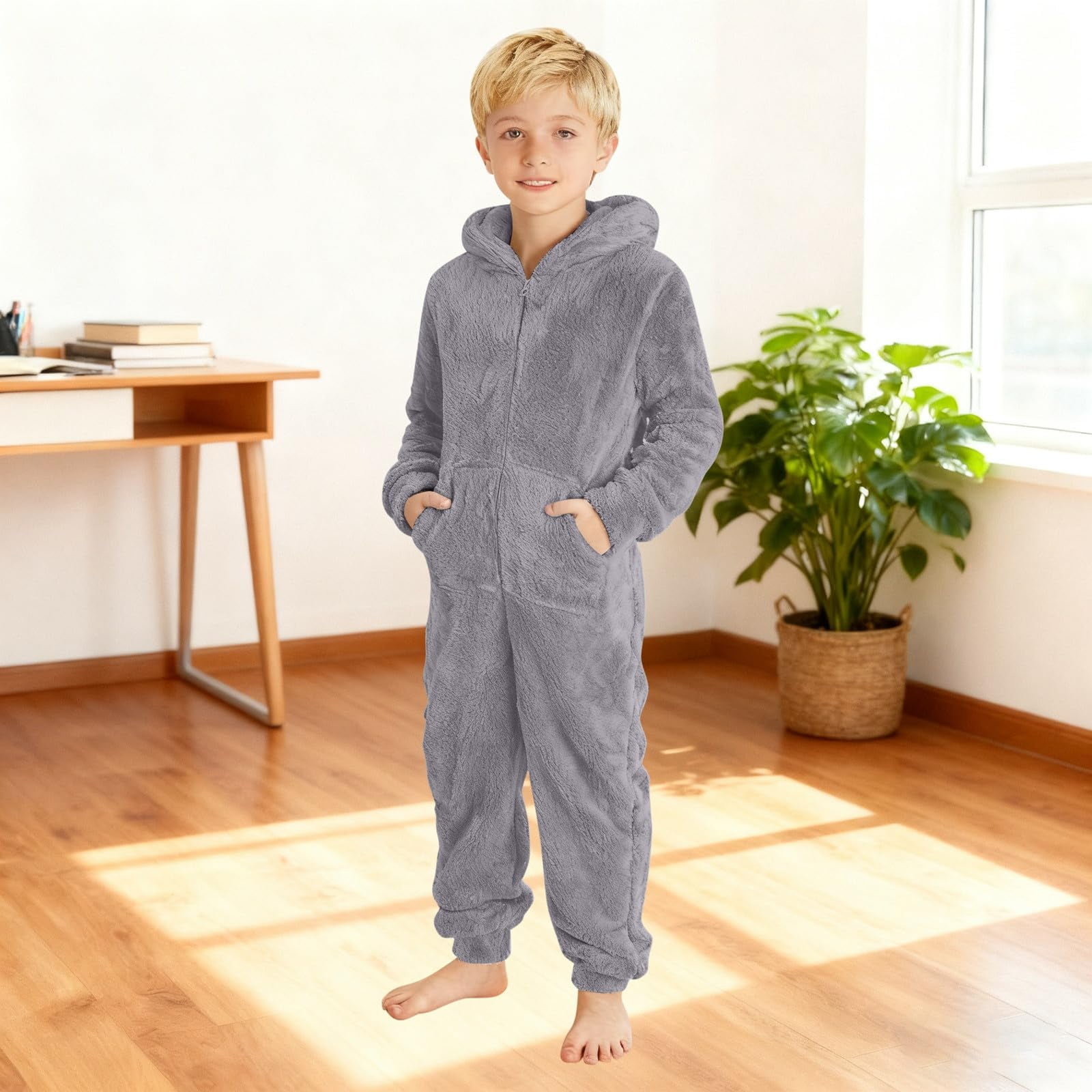 Abcomgle Girls One Piece Pajamas 10/12 Fuzzy Hooded Onesies for Kids Cute Zip Up One Piece Jumpsuits with Pockets Furry Sherpa Fleece Onesie Rompers Girls Winter Warm Onesie Pajamas for Kids