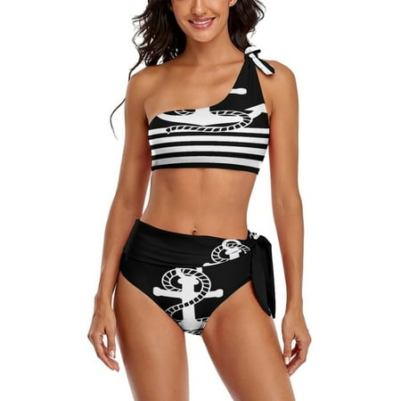 Nautical Black White Stripes And Black White Anchors One Shoulder Bowknot Swimsuit Two Piece Swimsuit Knot Crop Top Bikini High Waisted Bathing Suit