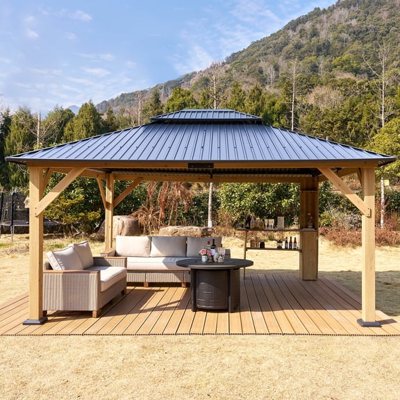VANACC 13' x 15' Hardtop Gazebo,Aluminum Frame Outdoor Gazebo with Iron Roof Double Roof, Wood Gazebo for Patio, Backyard, Lawns, Parties, Black