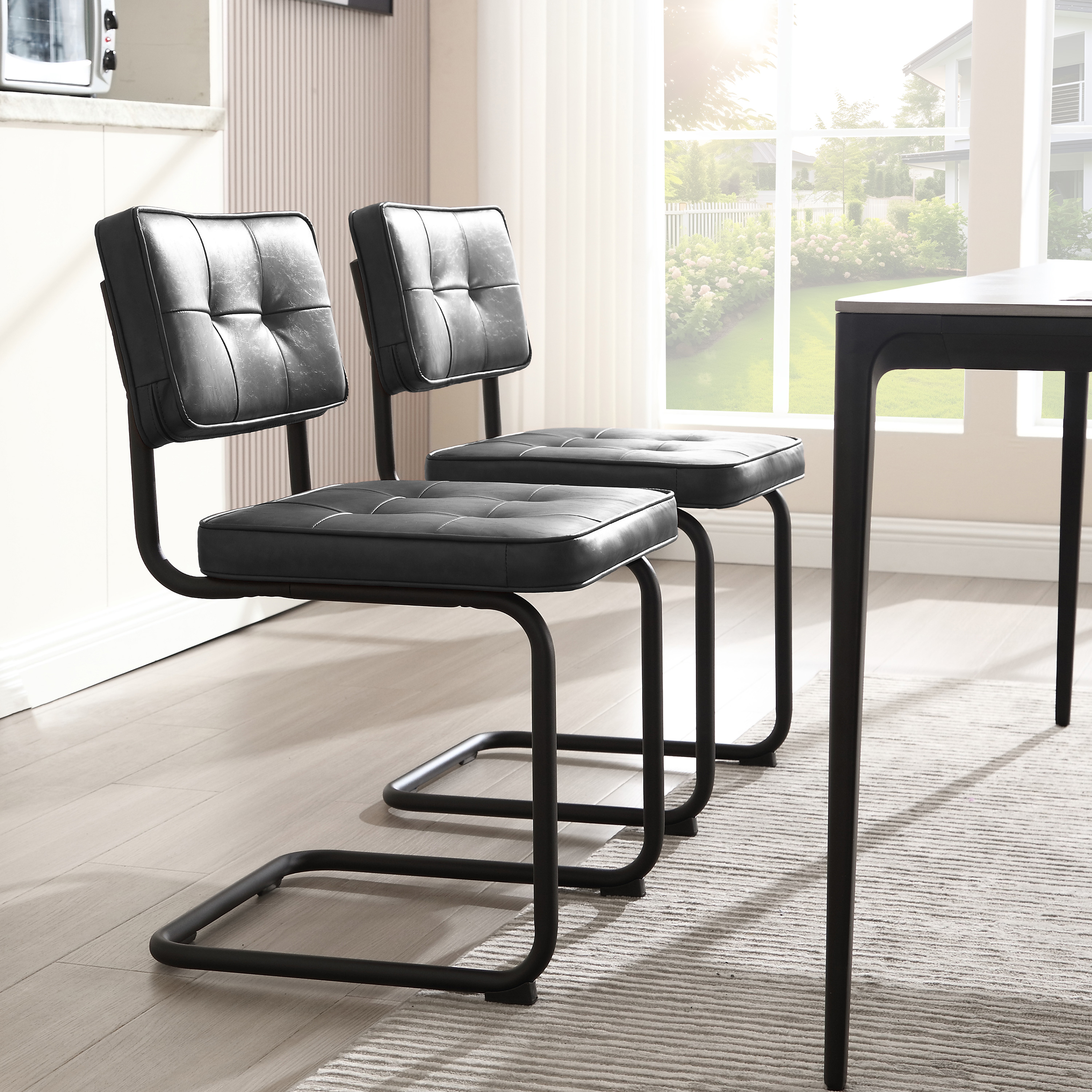 ONEVOG 19.3'' Mid-Century Modern Dining Chairs Set of 2, Faux Leather Cantilever Kitchen Chairs with Matt Black Legs for Kitchen Dining room, Black