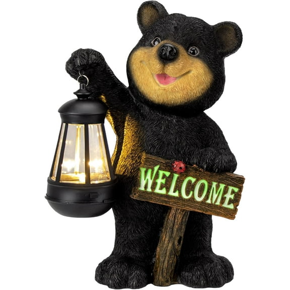 Garden Bear Statue with Solar LED Lantern, Luminous Welcome Sign, Gifts for Mom Yard Art, Whimsical Figurine Large Sculpture Lighted Outdoor Mother's Day Spring Decorations Lawn, Porch