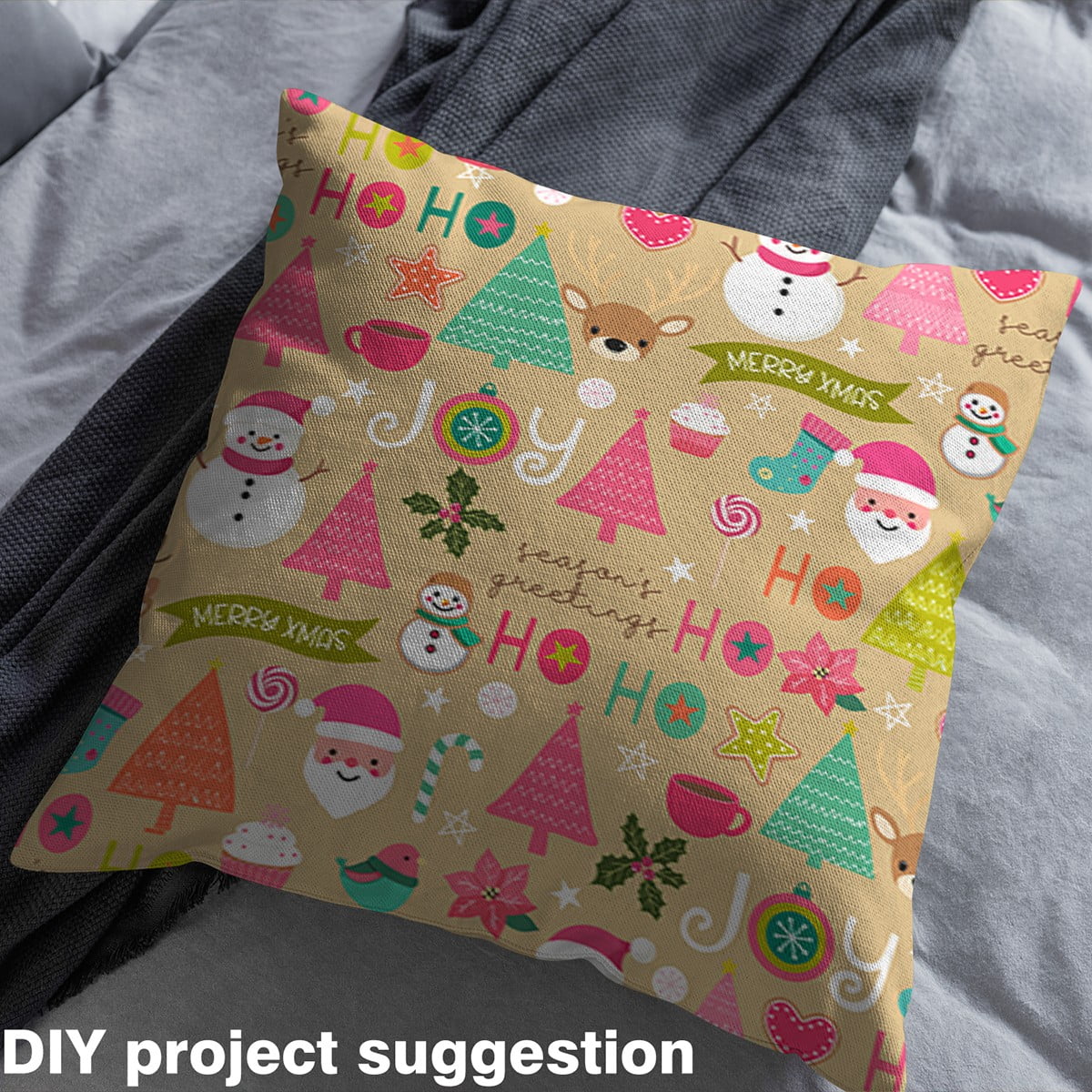 Homewish Cartoon Christmas Tree Fabric by the Yard 2 Yards for Kids, Kawaii Santa Claus Sewing Fabric, Happy New Year Fabric for Sewing, Breathable Home Decor
