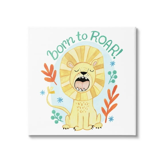 Stupell Industries Born To Roar Saying Yellow Lion Simple Botanicals Paintings Gallery-Wrapped Canvas Print Wall Art, 30x30, by Heather Strianese