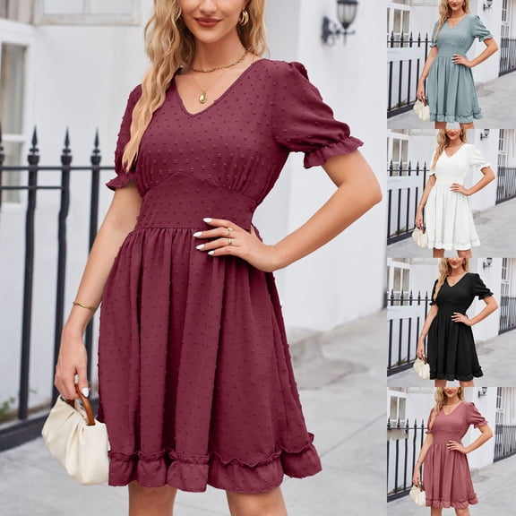 YuXingFu Party Dresses for Women Mid-Length V-Neck Plus Size Womens Dress Short Sleeve Solid Color Casual Summer White S