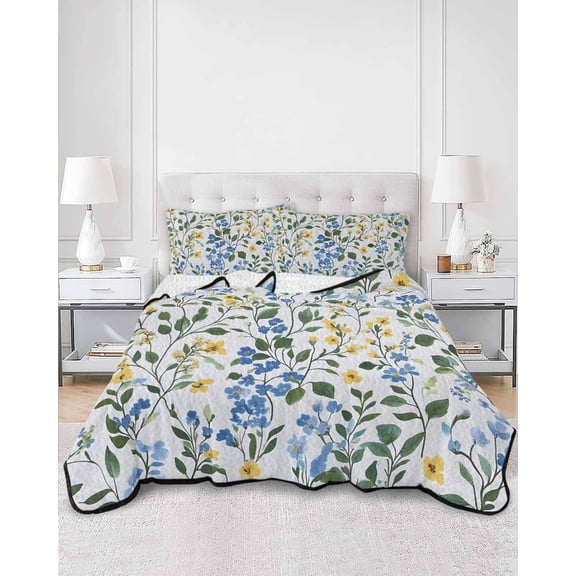 Quilts King Size, Blue Yellow Floral Spring Soft Comforter Bedding Set for Bed, Green Pastoral Summer Botanical Lightweight Quilted Bedspread with Pillow Cover(2 Pieces) for All Season, 96x106 Inch