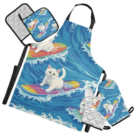 Cute Cartoon Cats Surfing Apron Set with Oven Mitts Pot Holders Set of 5 Kitchen Stuff Accessories
