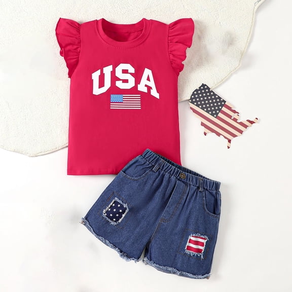 VOONCAS Kids Girls 4th of July Outfit Set Patriotic Red White Blue USA Top & Denim Shorts 2 Piece Summer Holiday,Size 3 T