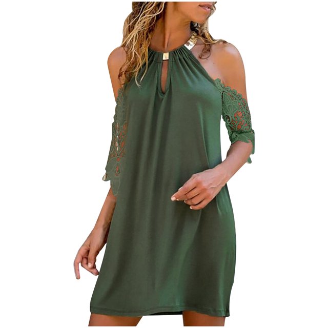 Fridja Robe Longue Unie pour Femmes en Dentelle à Manches Courtes, Col Rond, Dos Nu, Coupe Ample