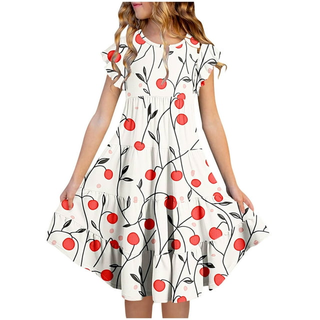 Zpanxa Robes Florales pour Filles Été Manches Courtes Manches Volantées Col Rond Imprimé de Fleurs Taille Poche Robe Superposée Polyester Spandex Multicolore 8-9 Ans