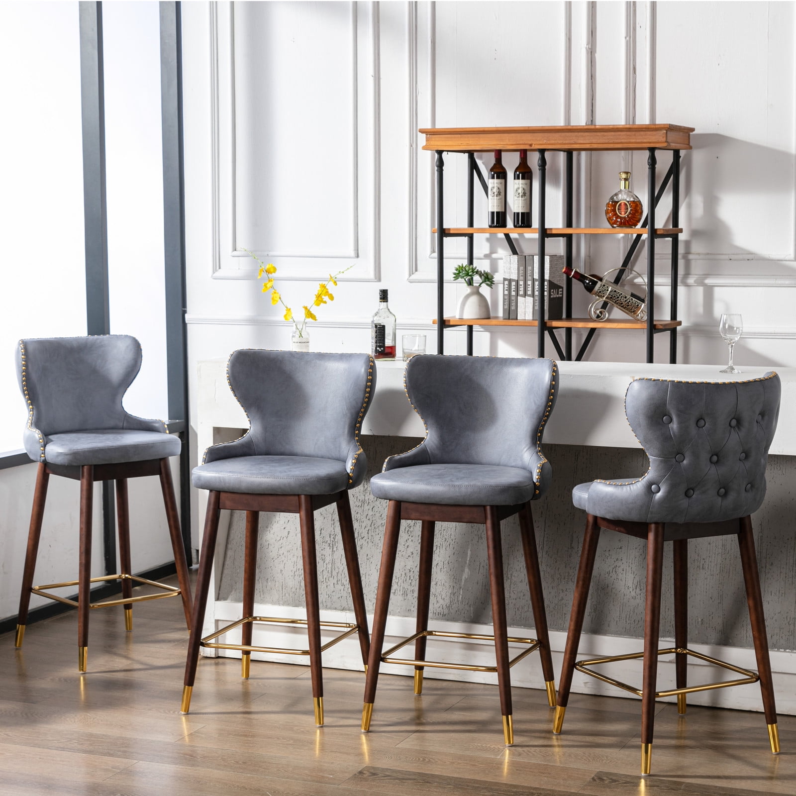 Yardi Yard Modern Leathaire Set of 2 Bar Stools with Back, 29.9" Tufted Gold Nailhead Trim Counter Height Stools for Pub Kitchen, Stone Blue Yardi Yard Modern Leathaire Set of 2 Bar Stools with Back, 29.9" Tufted Gold Nailhead Trim Counter Height Stools for Pub Kitchen, Stone Blue