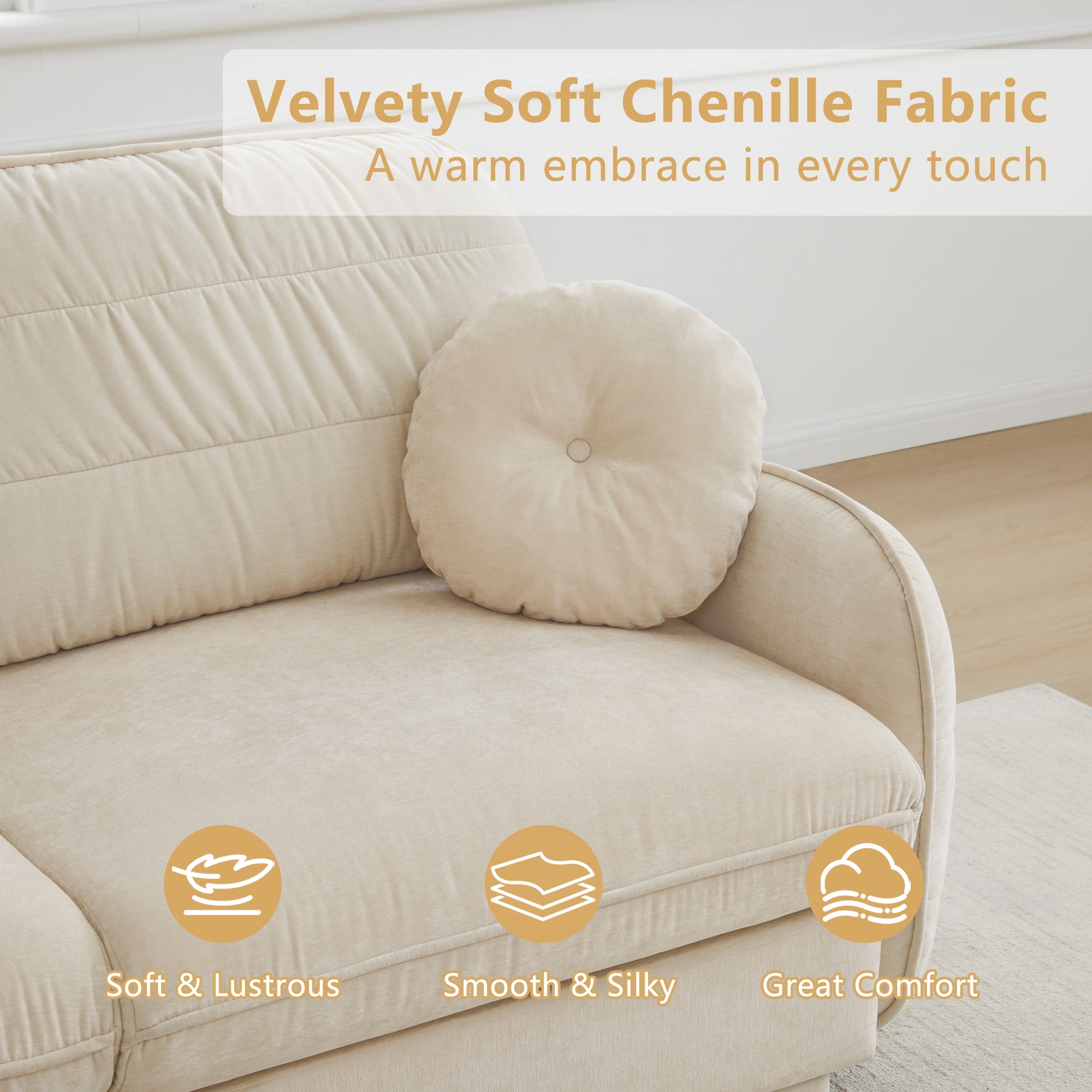 Mintazer 105" Chenille Cloud 3-Seater Modular Sectional Sofa with Movable Ottoman & Round Pillows, L-Shaped Ergonomic Sofa Couch for Living Room, Apartment, Cream