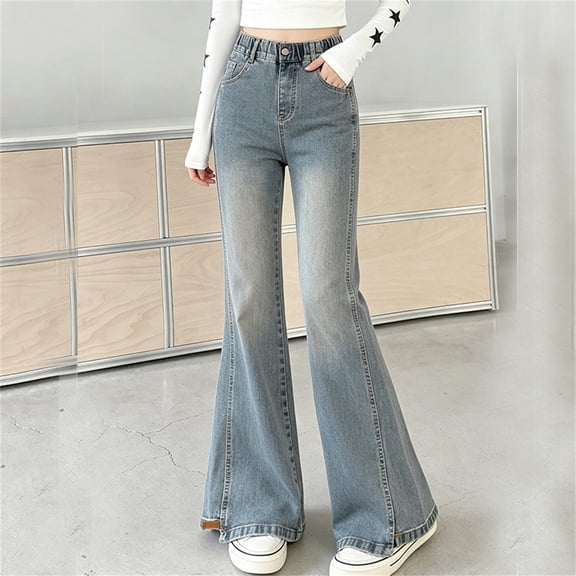 Girls' Denim Pants Slim Fit Elastic Waist Bell Bottom Jeans for Everyday Wear and Play (Blue)