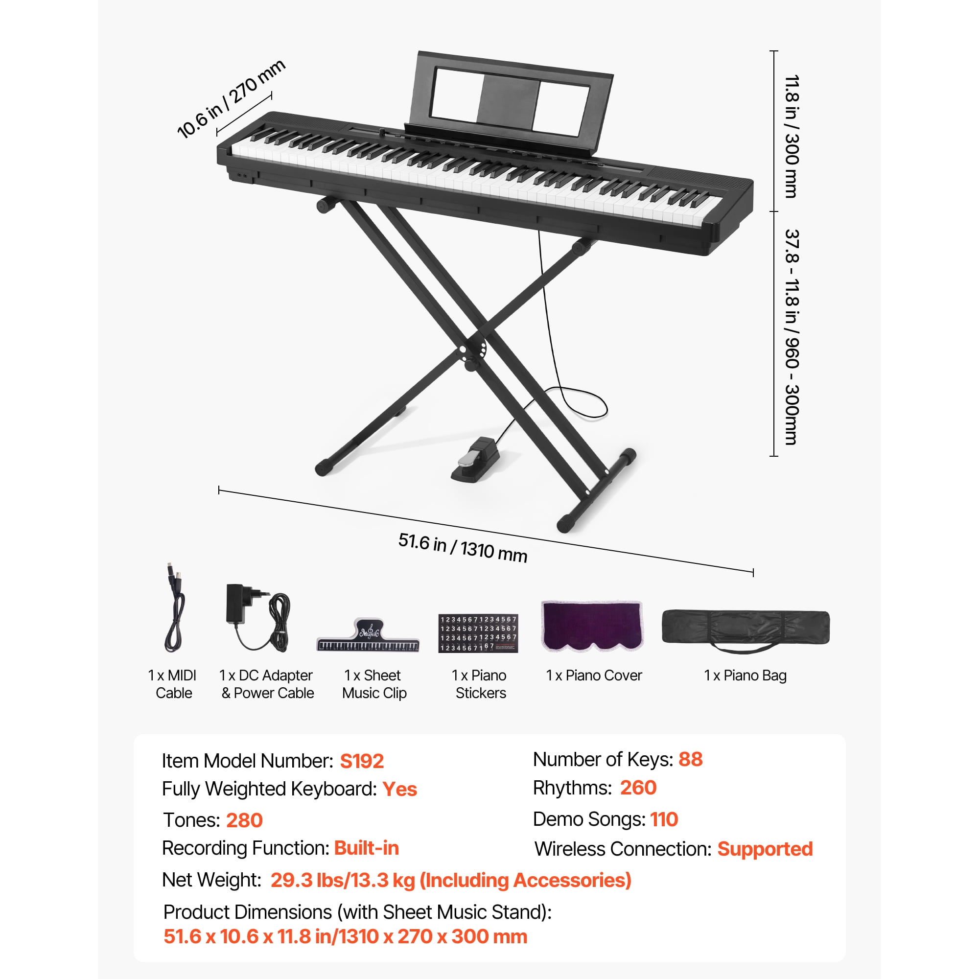 KFFKFF 88-Key Fully Weighted Digital Piano with Dual Keyboard, Built-in Speakers, X Stand, Sustain Pedal, Recording Capability, 280 Tones, Wireless Connectivity, Ideal for Beginners, Black