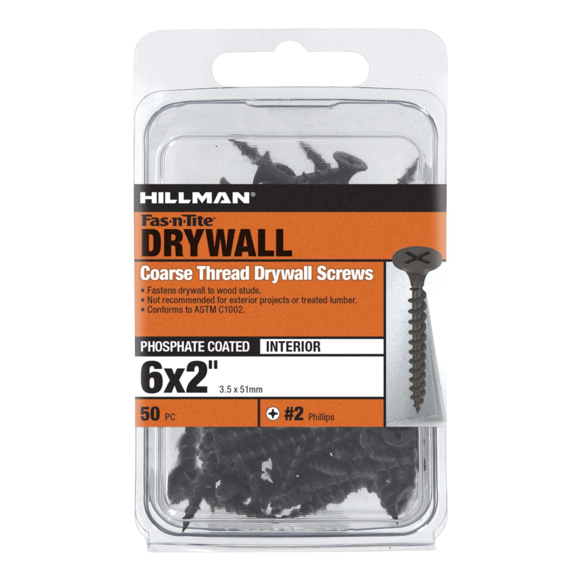 Fas-n-Tite Coarse Thread Drywall Screws, 6 x 2", Steel, Interior Screws, Phillips, 50 pack