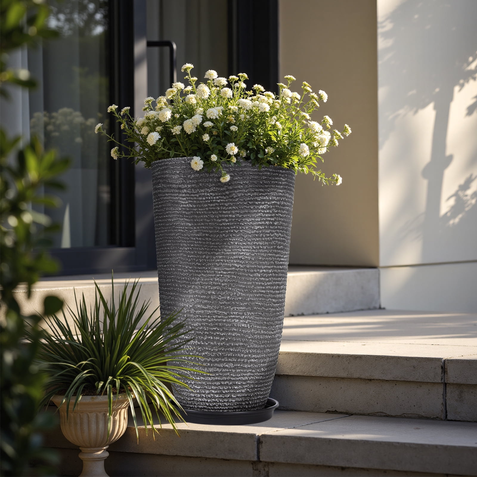QCQHDU 21 inch Tall Planters with Saucer,2 Pack 9 Gallon Stone Round Pots for Indoor Plants,Outdoor Patio & Porch Decor, Heavy Duty Weatherproof Plant Containers,Dark Gray