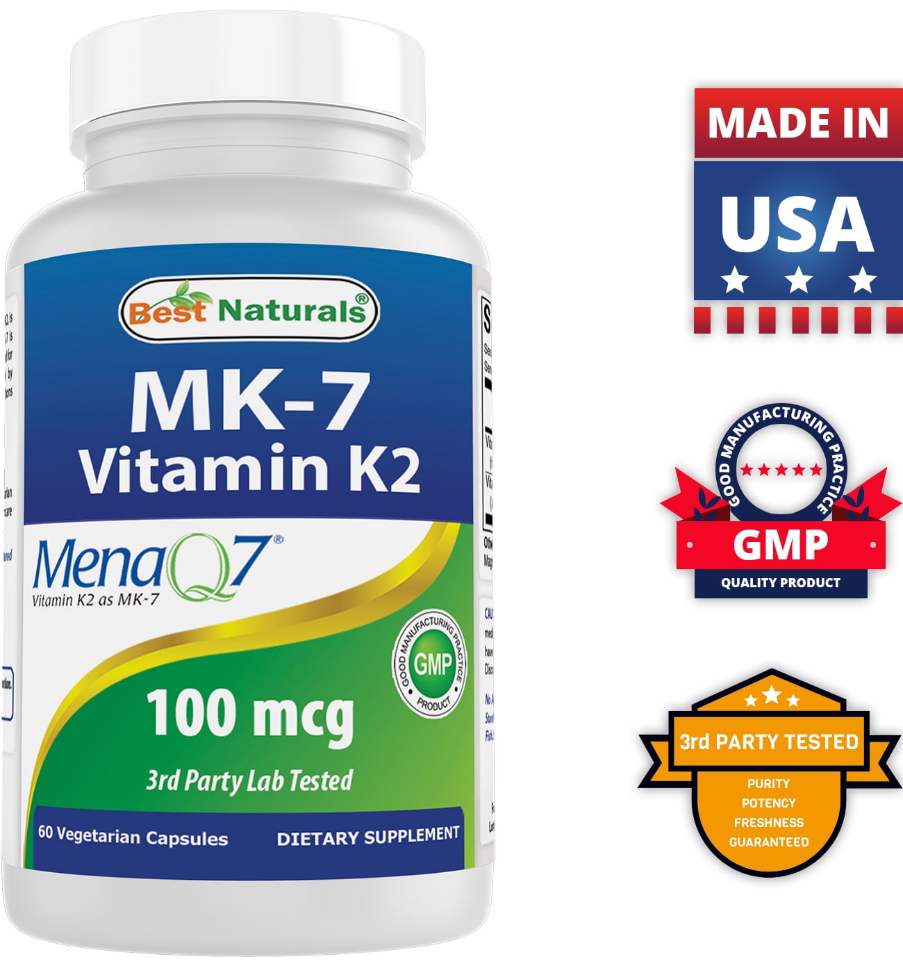 3 Pack Best Naturals MK-7 Vitamin K2 100 mcg 60 Vegetarian Capsules
