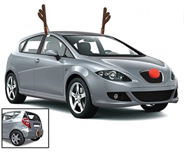 Zone Tech Christmas Car Reindeer Antlers and Nose Set Premium Quality Window Roof-Top and Grille Rudolph Car Accessory Jingle Bell Antlers and Nose Car Costume Decoration Set for Holiday 