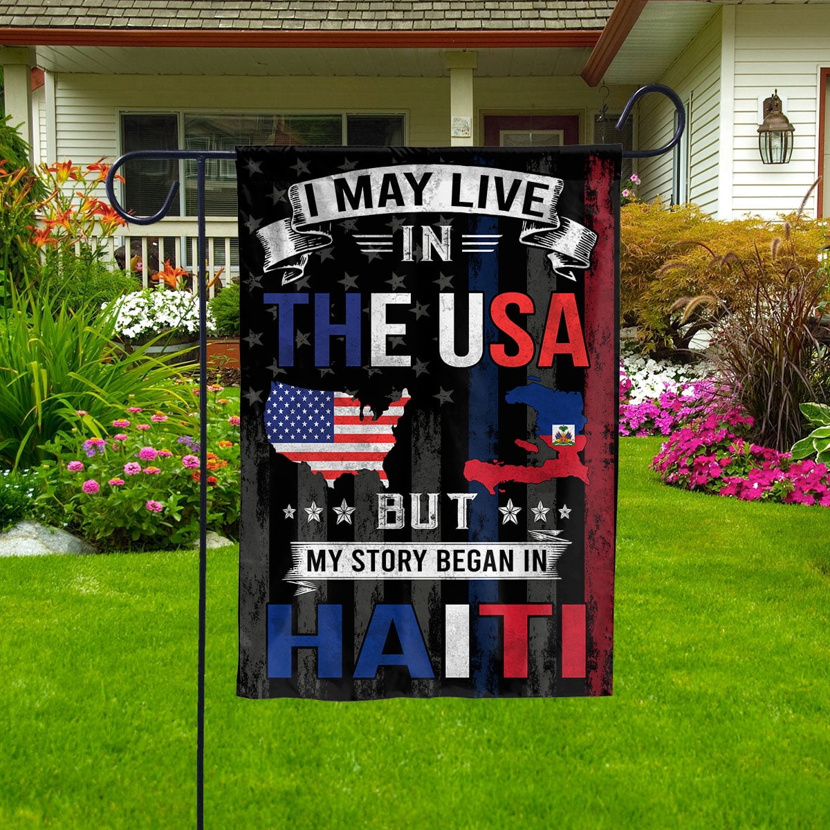 Flags I May Live in The USA But My Story Began in Haiti Flag Proud Haitian American House Flag, Double-Sided Decorative Outdoor Flag, Patriotic Polyester Yard Flag 29.5 x 39.5 in