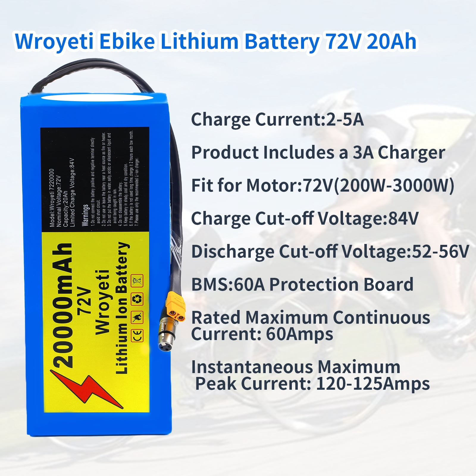 72V 20Ah Ebike Battery 72V Battery 72V Lithium Ion Battery 72V Electric Bike Battery with 3A Charger, XT60 Extension Cord, XT90 Connector for 200-3000W Electric Bicycles Motor