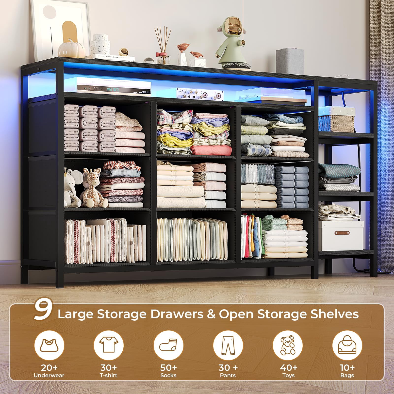9 Drawers Dressers with LED Lights & Powers Outlets, 53" TV Stand Dresser for 60 Inch TV, Entertainment Center with Drawers & Open Shelves for Living Room, Bedroom, PU Black