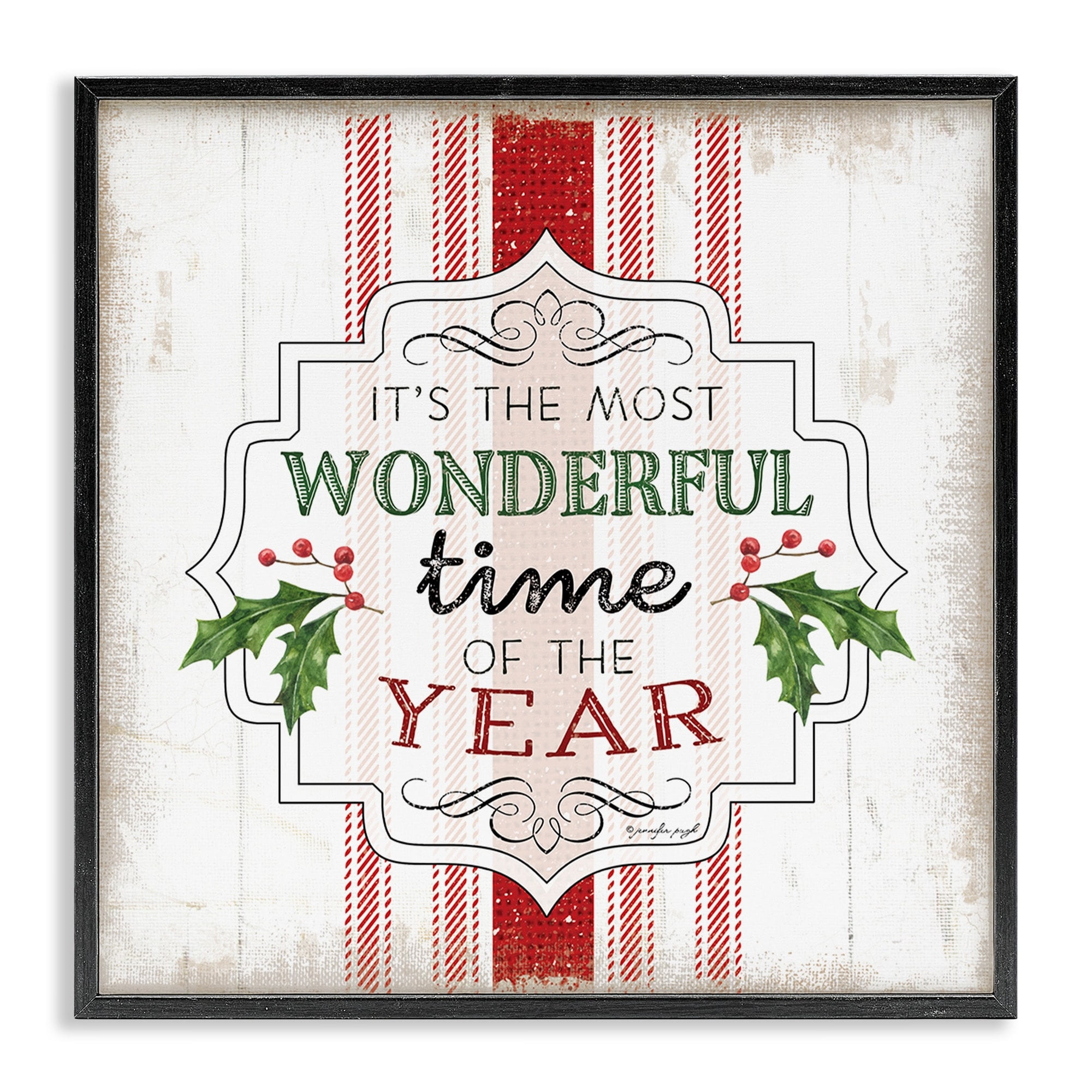 Festive Holiday Quote Holly Sprig Rustic Stripes Inspirational Graphic Art Framed Art Print Wall Art