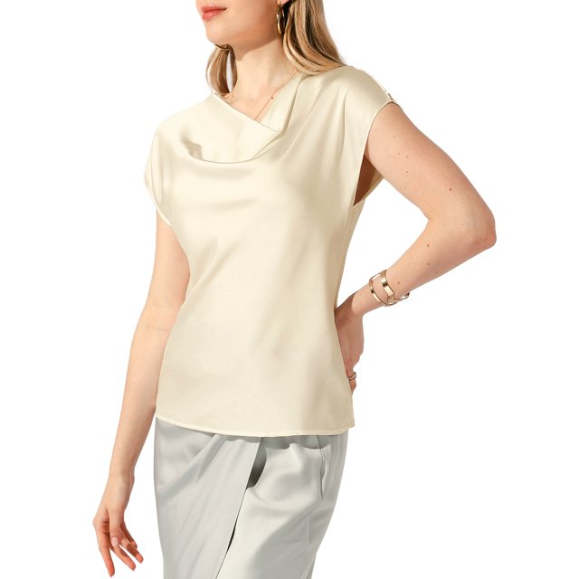 Unique Bargains Haut en Satin pour Femmes Col Bénitier Manches Courtes Blouse Décontractée Habillée Beige S