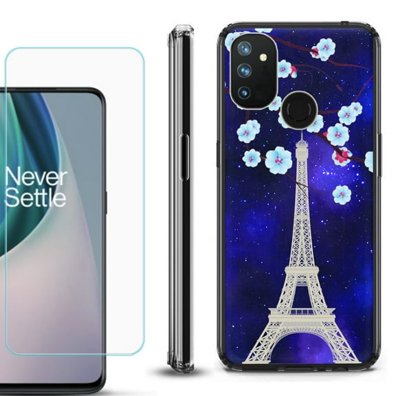 Shockproof Bumper Phone Case for OnePlus Nord N100, with Tempered Glass Screen Protector, by OneToughShield ® - Eiffel Tower Stars